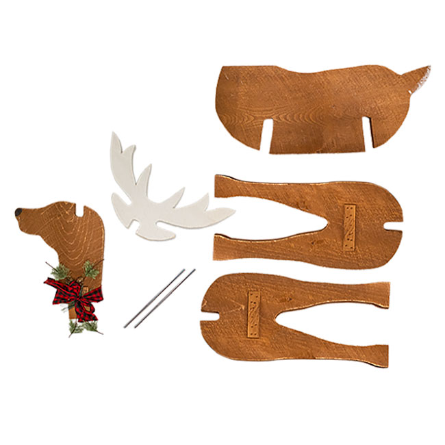 Wooden reindeer cutouts with antlers and decorative elements on a white background