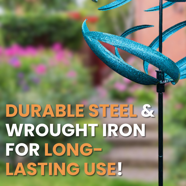The Aqua Swirl Wind Spinner in vibrant blue hues, designed with durable steel and wrought iron for long-lasting use in any garden or yard.