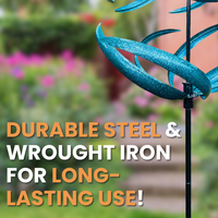 The Aqua Swirl Wind Spinner in vibrant blue hues, designed with durable steel and wrought iron for long-lasting use in any garden or yard.