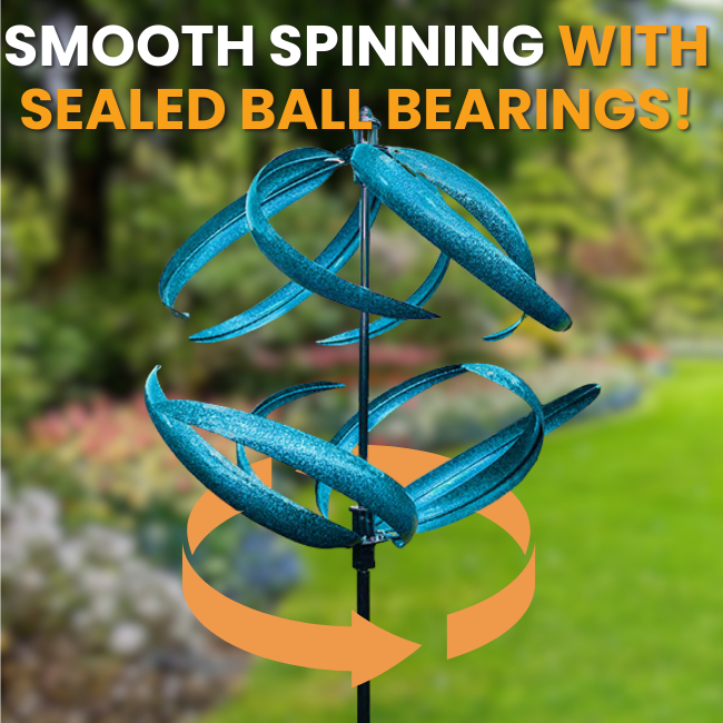The Aqua Swirl Wind Spinner spinning smoothly, showcasing the effortless motion provided by sealed ball bearings, adding a dynamic touch to your garden.