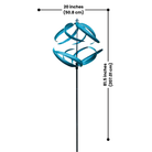 The Aqua Swirl Wind Spinner with its measurements displayed (81.5 inches tall, 20 inches diameter), designed for durability and easy installation into the soil.