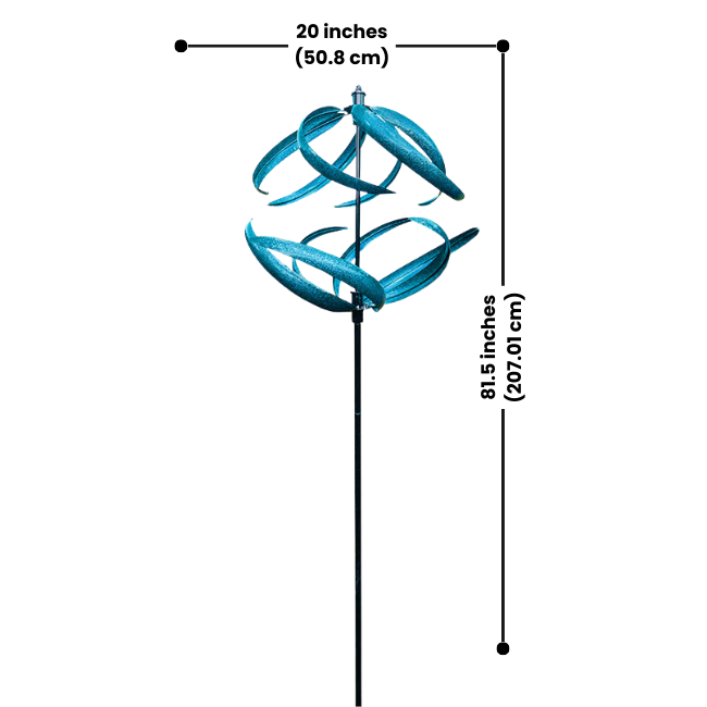 The Aqua Swirl Wind Spinner with its measurements displayed (81.5 inches tall, 20 inches diameter), designed for durability and easy installation into the soil.