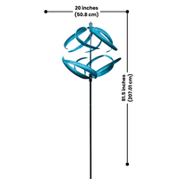 The Aqua Swirl Wind Spinner with its measurements displayed (81.5 inches tall, 20 inches diameter), designed for durability and easy installation into the soil.