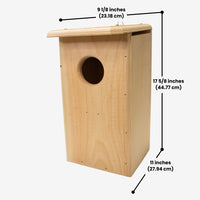 Coveside premium nesting box on a tree, crafted from durable cedar to attract screech owls and kestrels, providing a secure and weatherproof wildlife shelter.