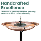 Versatile copper bird bath designed to attract birds to your garden, with an easy-to-install stand and a decorative rim. Available in medium or large sizes for a perfect fit.