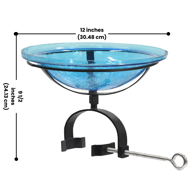 Vivid blue glass bird bath with a solar-powered bubbler and 18-inch spray height. Includes a simple-to-set-up deck clamp for securely mounting on railings, providing an inviting bath for local birds