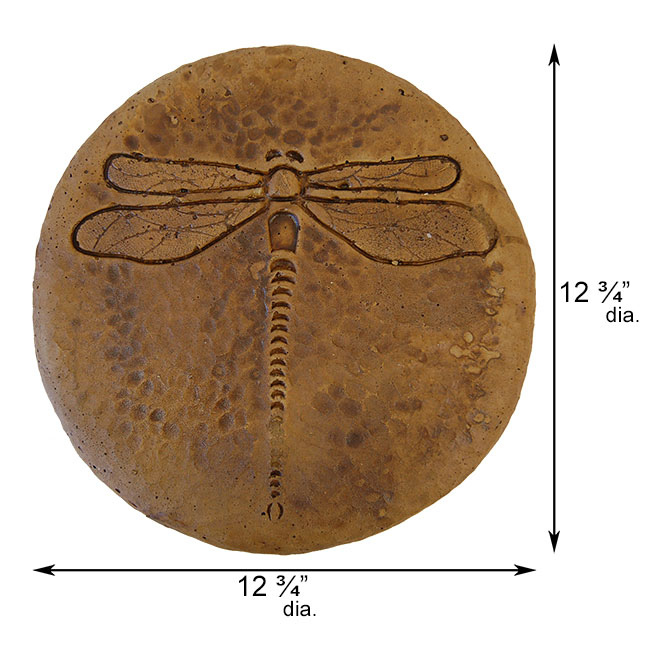 Close-up of a round dragonfly concrete stepping stone with an autumn wheat finish, featuring veined wings, ideal for creating a charming garden pathway.


