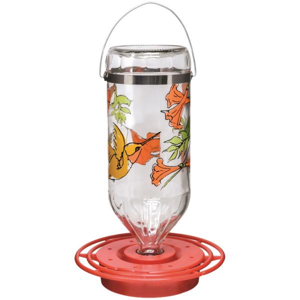 Hummingbird feeder with floral design on a white background