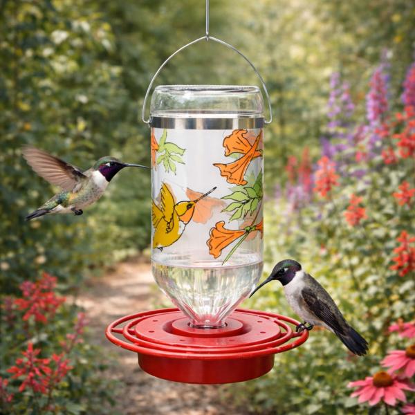 Hummingbird feeder with floral design and hummingbirds in a garden setting