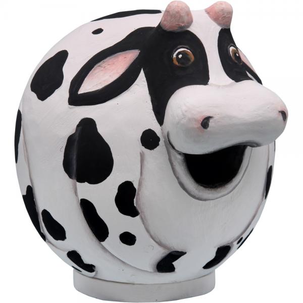 Cow-shaped cookie jar with black and white pattern on a white background