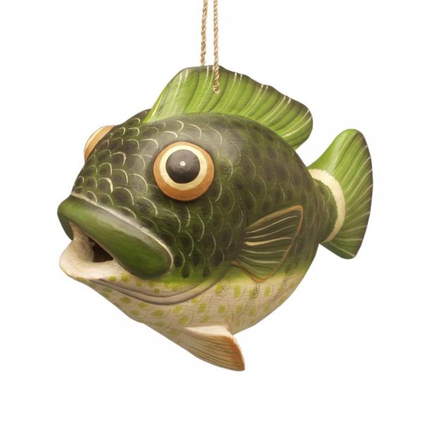 Green fish-shaped ornament with a gold chain on a white background