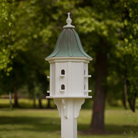 Decorative birdhouse on a stand with multiple perch entries and a bell shaped patina copper roof wuth trees in the background