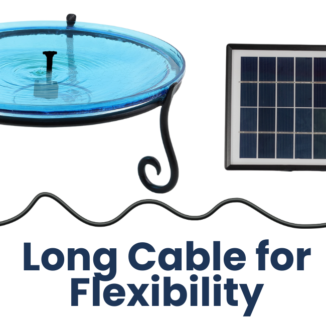 Bird bath with a solar fountain pump, featuring adjustable flow strengths for all types of birdbath use. The varying spray options attract different birds and add a tranquil water feature to your garden.