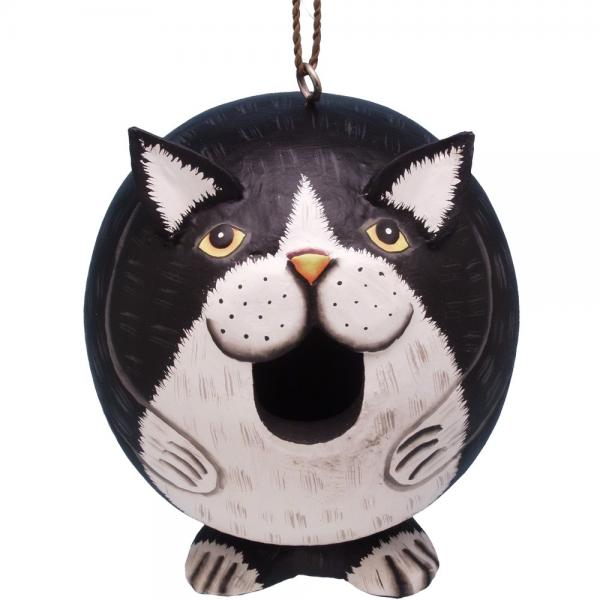 Cat-shaped birdhouse with black, white, and gray design on a white background