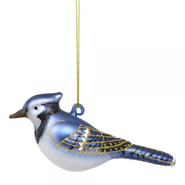Glass blue jay bird ornament on a white background
