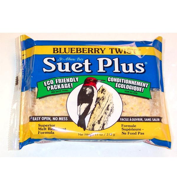 Package of St. Albans Bay Blueberry Twist Suet Plus with a bird illustration on a white background