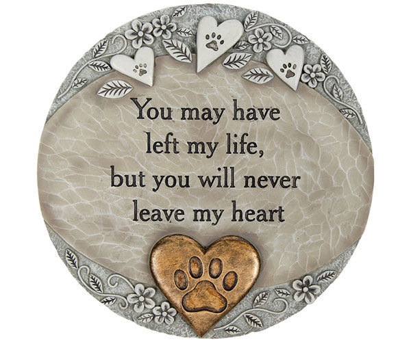 Memorial plaque with paw print, heart, and floral designs on a white background
