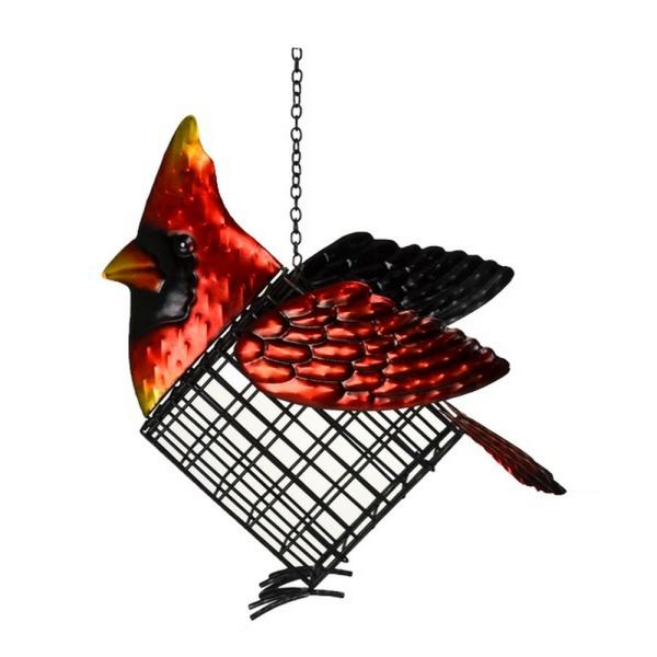 Cardinal-shaped bird feeder with a chain on a white background