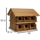 dimensions of the cedar purple martin house. 15 1/4 by 15 1/2 by 19"