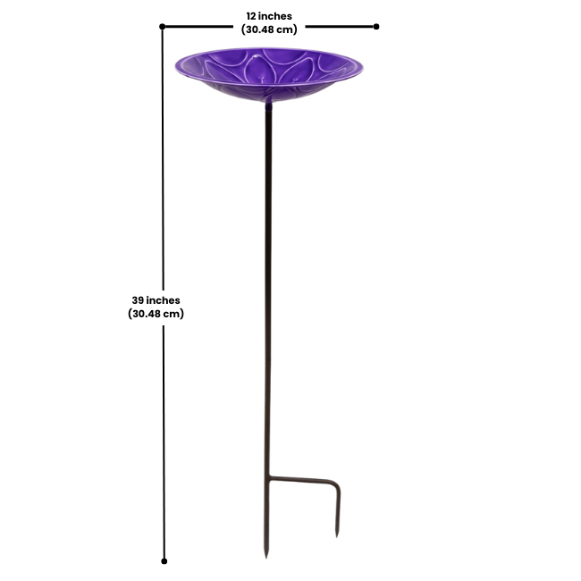 Attractive purple steel birdbath with a floral design, finished with a protective UV-resistant coating. Perfect for birds to bathe, with a flat rim for easy perching and a 39-inch tall wrought iron garden stake