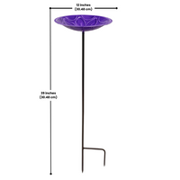 Attractive purple steel birdbath with a floral design, finished with a protective UV-resistant coating. Perfect for birds to bathe, with a flat rim for easy perching and a 39-inch tall wrought iron garden stake