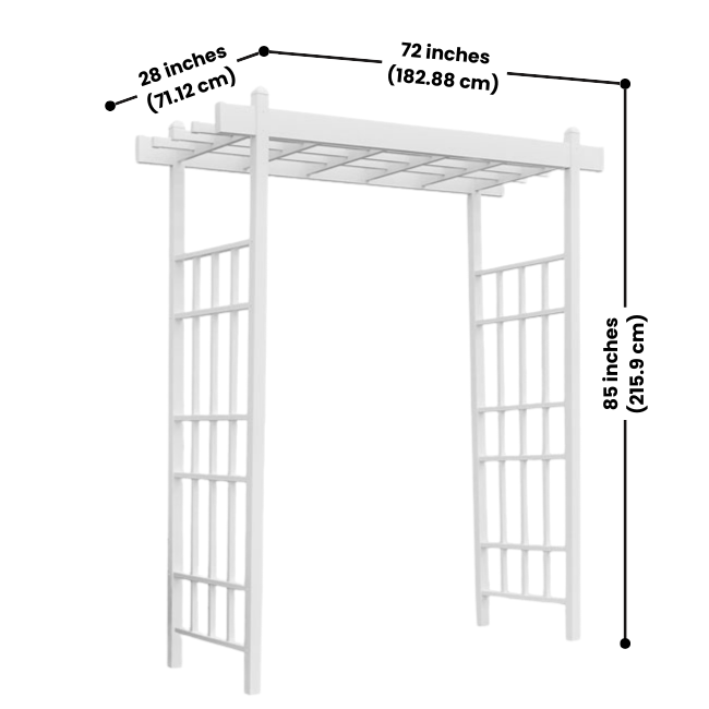 A detailed image showing the measurements of the Classic Garden Arbor, with a height of 85 inches, width of 72 inches, and depth of 28 inches.

