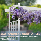 A Classic Garden Arbor with rectangular grid panels, adorned with purple wisteria flowers, showing its perfect use for supporting climbing plants.