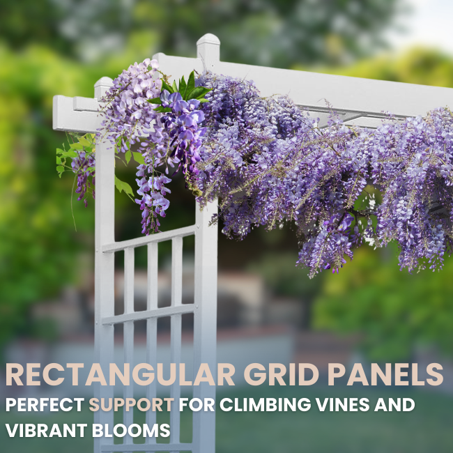 A Classic Garden Arbor with rectangular grid panels, adorned with purple wisteria flowers, showing its perfect use for supporting climbing plants.