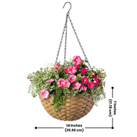  Resin Wicker Hanging Flower Basket with vibrant flowers and cascading greenery. 14" diameter, 7" height with a 16.5" chain for easy hanging installation.