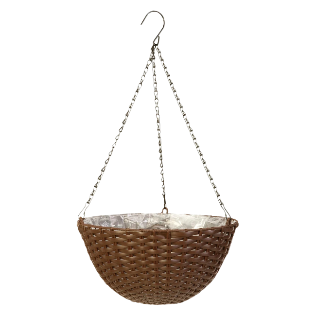 Close-up view of the rustic woven hanging flower planter with metal chain