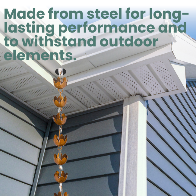 Detailed view of the beautifully crafted floral cups on a rain chain, featuring a browned copper finish that enhances the natural flow of rainwater.
