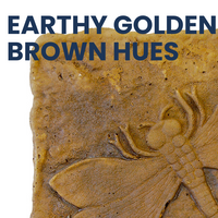 Close-up view of the Golden Wing Dragonfly Stepping Stone, highlighting the intricate raised design of a dragonfly with textured golden-brown concrete, adding charm and stability to your garden.