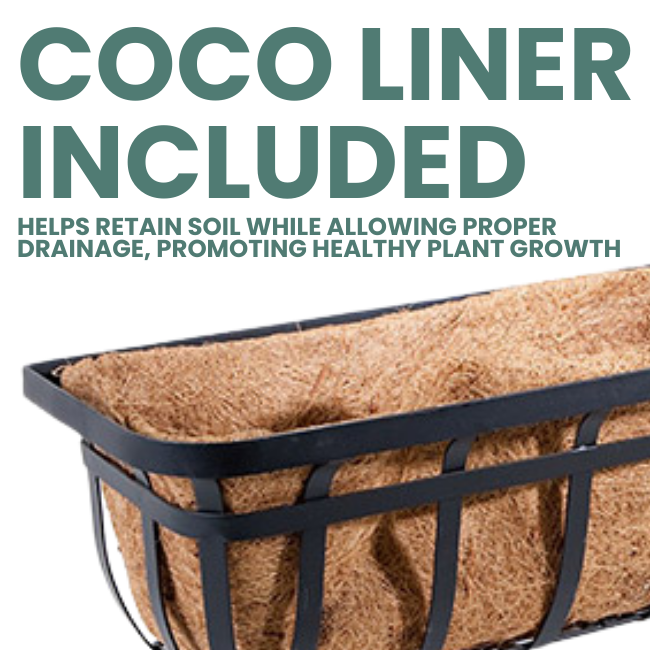 Close-up of the coco liner inside a wrought iron deck railing planter, helping retain soil and allow proper drainage for healthy plant growth.