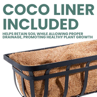 Close-up of the coco liner inside a wrought iron deck railing planter, helping retain soil and allow proper drainage for healthy plant growth.