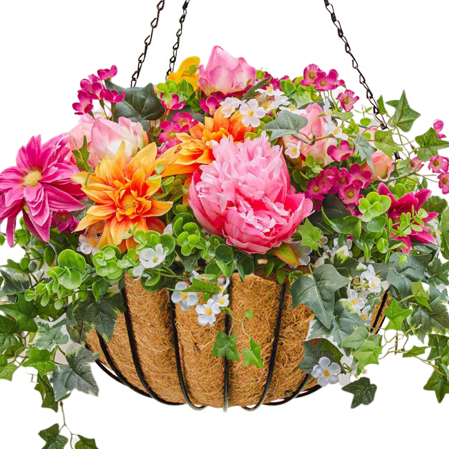 Colorful flowers displayed in the spacious 16-inch Coco Liner Hanging Planter, perfect for a hanging garden effect
