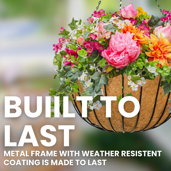 Hanging planter filled with vibrant flowers, demonstrating the durability and aesthetic appeal of the coco liner.
