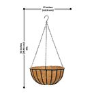 Coco Liner Hanging Planter with measurement for precise installation, ideal for flowers and greenery.
