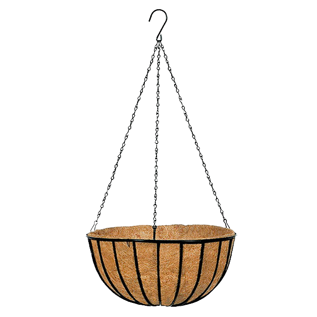 Side view of the Coco Liner Hanging Planter showing the metal frame and natural coco liner