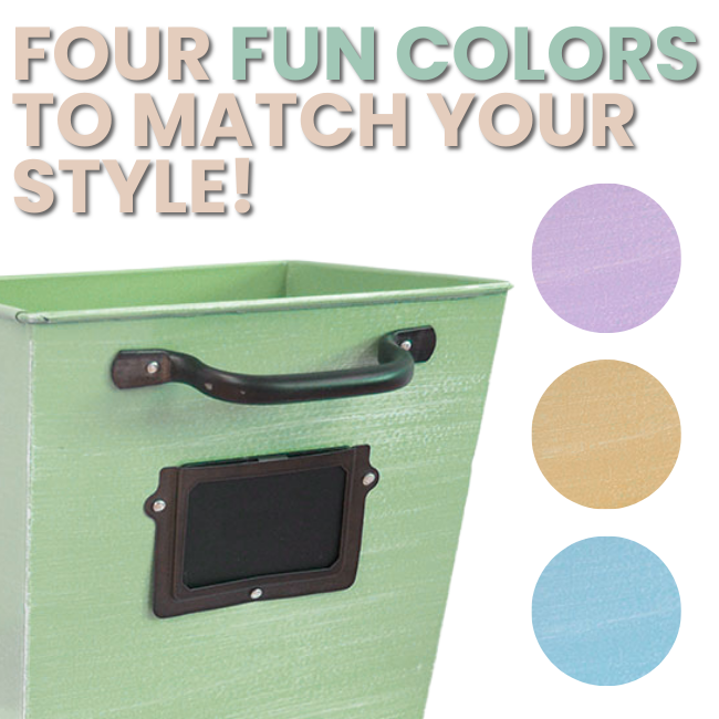 Four ColorPop Garden Wall Planters in vibrant colors: lavender, yellow, blue, and light green, each with a chalkboard label for easy plant identification.