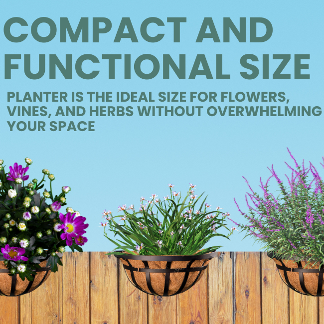 Three black metal railing planters mounted on a wooden fence, filled with vibrant flowers and herbs under a banner reading "Compact and Functional Size