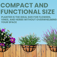 Three black metal railing planters mounted on a wooden fence, filled with vibrant flowers and herbs under a banner reading "Compact and Functional Size