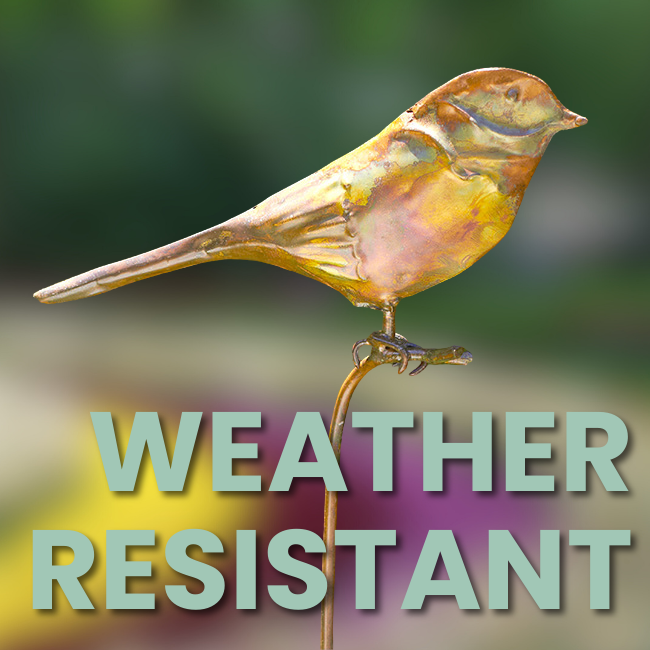 CopperGlow Bird Staked Garden Accent with detailed feather design perched on a twig-like perch