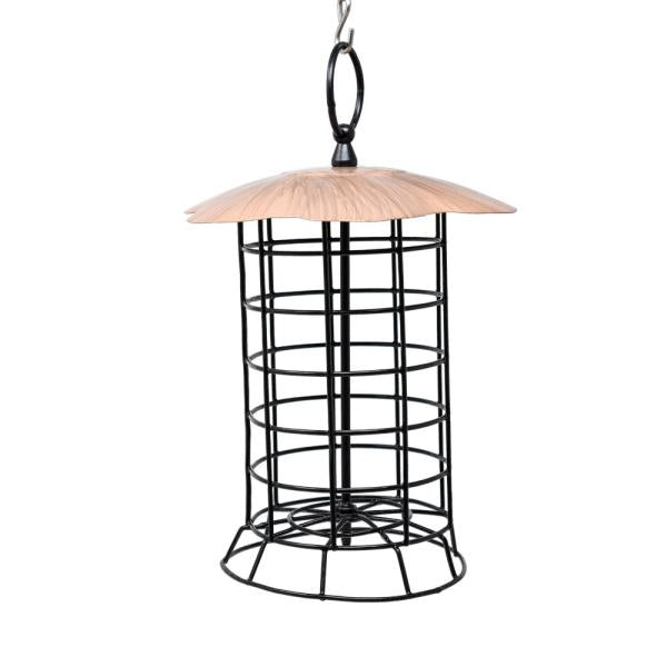 Bird feeder with wooden top and metal cage on a white background