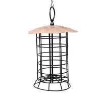 Bird feeder with wooden top and metal cage on a white background
