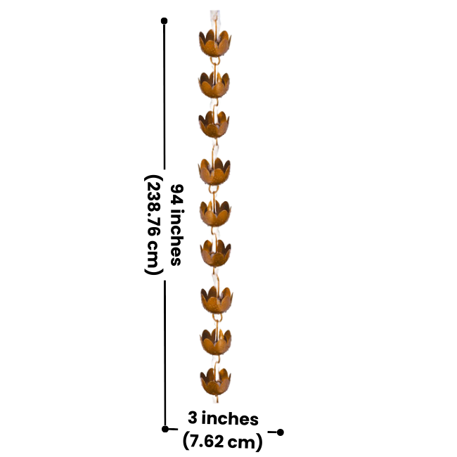 Side view of a Floral Flow rain chain showcasing water flowing through the delicately designed lily-shaped cups, offering an aesthetic alternative to traditional downspouts. Dimensions: 3" dia. x 94"H.