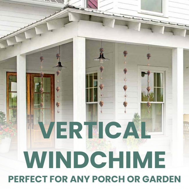 Two Copper Pine Melody wind chimes hanging outside on a porch, featuring detailed pine cone designs with flamed copper finish.