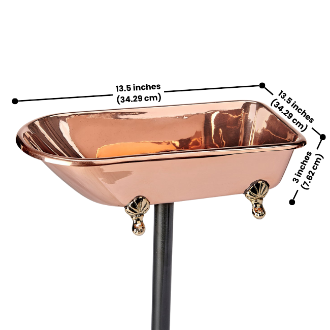 Copper Wing Birdbath with a beautifully crafted 10”L x 4.5”W pure copper basin and decorative lip for birds to rest. The 30” powder-coated steel pole with a 2-pronged base provides secure placement in your garden.