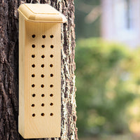 Wooden bee house attached to a tree trunk with a blurred natural background