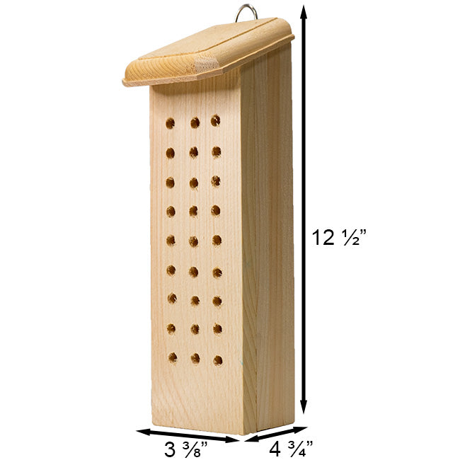 Wooden bee house with dimensions labeled on a white background