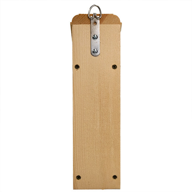 Wooden birdhouse with a metal hook on a white background